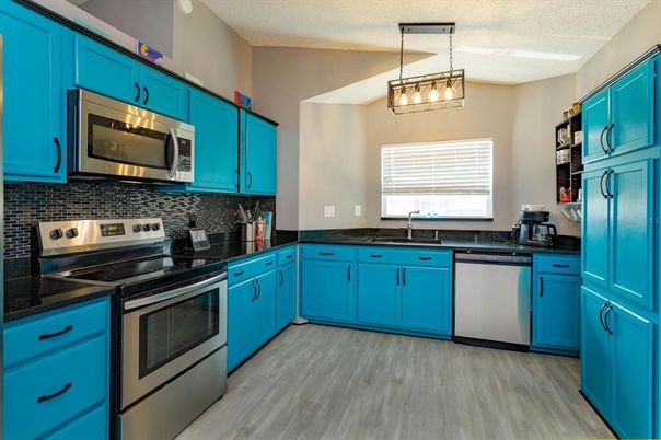 Interior, Kitchen, Pendant Lights, Stainless Steel Appliances, Wood Texture Flooring