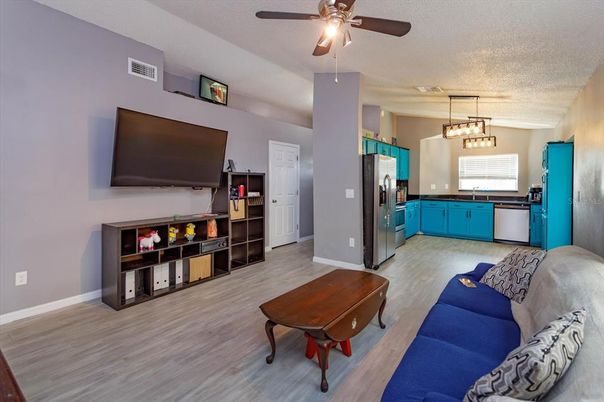Interior, Kitchen, Living room, Pendant Lights, Stainless Steel Appliances, Wood Texture Flooring