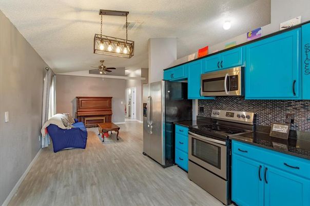 Interior, Kitchen, Pendant Lights, Piano, Wood Texture Flooring