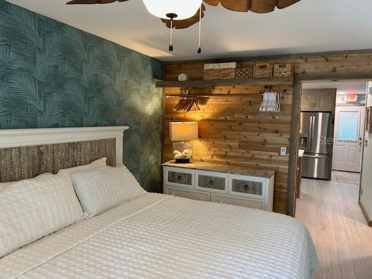 Bedroom, Interior, Kitchen, Stainless Steel Appliances, Wood Texture Flooring, Wooden Walls