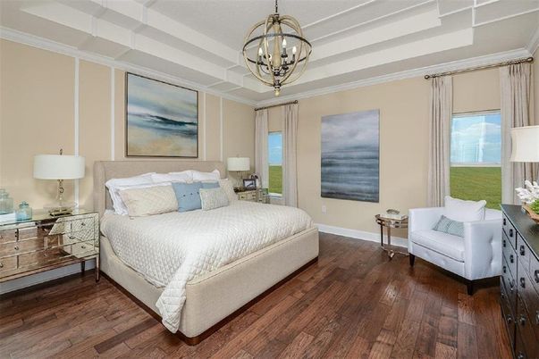 Bedroom, Interior, Pendant Lights, Wood Texture Flooring