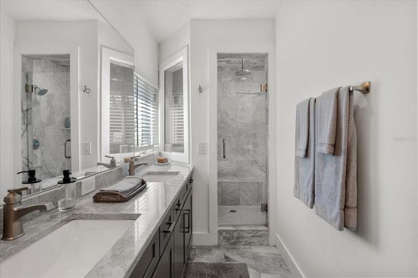 Bathroom, Dual Sink Vanities, Glass Shower, Interior, Marble, Marble Walls