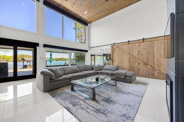 Interior, Living room, Recessed Lighting, Water, Wooden Ceilings, Wooden Walls