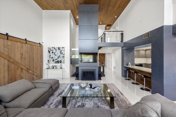 Fireplace, Interior, Living room, Recessed Lighting, Wooden Ceilings
