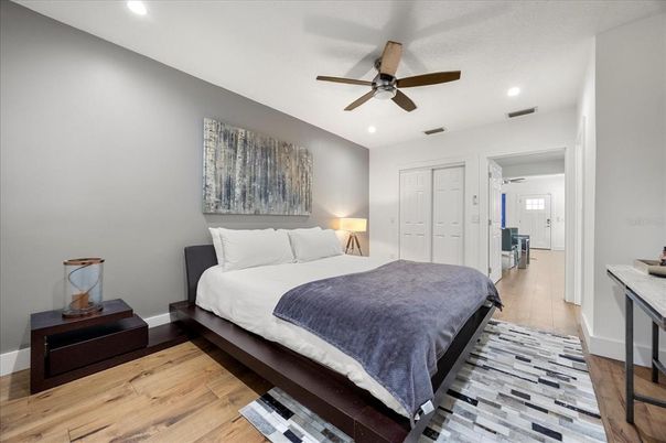 Bedroom, Interior, Recessed Lighting, Wood Texture Flooring