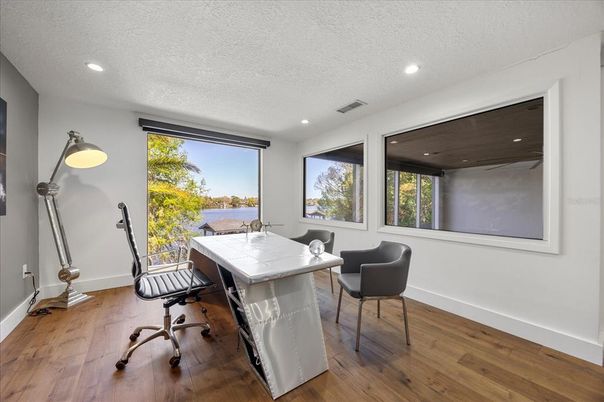 Home Office, Interior, Recessed Lighting, Water, Wood Texture Flooring