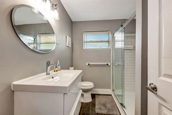 Bathroom, Glass Shower, Interior, Wood Texture Flooring