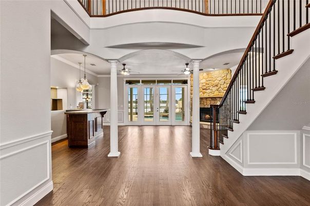 Chandelier, Fireplace, Interior, Pendant Lights, Wood Texture Flooring