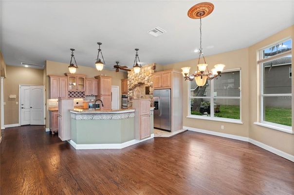 Chandelier, Interior, Kitchen, Pendant Lights, Stainless Steel Appliances, Wood Texture Flooring