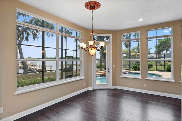 Chandelier, Empty room, Interior, Recessed Lighting, Water, Wood Texture Flooring