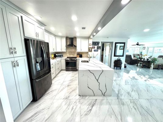 Interior, Kitchen, Living room, Marble, Recessed Lighting, Stainless Steel Appliances