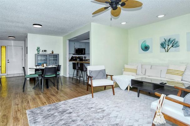 Dining room, Interior, Kitchen, Living room, Recessed Lighting, Wood Texture Flooring