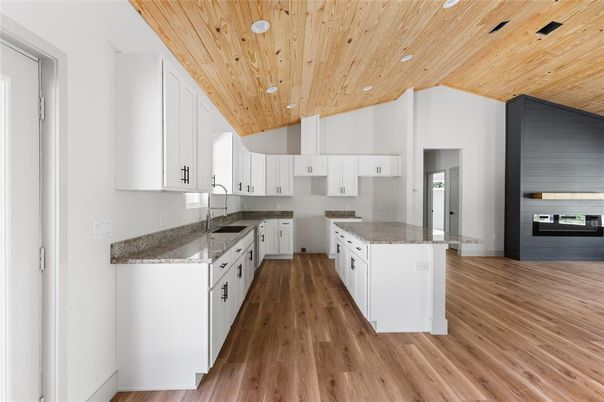 Interior, Kitchen, Recessed Lighting, Wooden Ceilings, Wood Texture Flooring