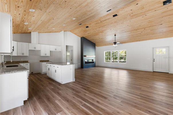 Interior, Kitchen, Recessed Lighting, Wooden Ceilings, Wood Texture Flooring