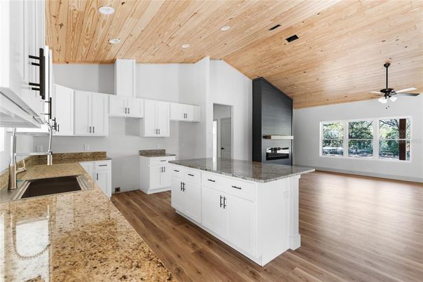 Interior, Kitchen, Recessed Lighting, Wooden Ceilings, Wood Texture Flooring