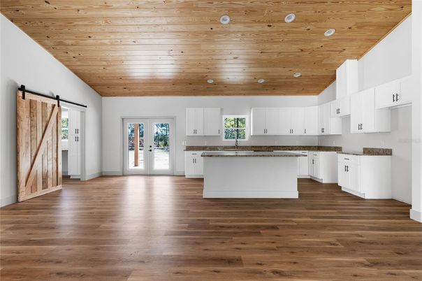 Interior, Kitchen, Recessed Lighting, Wooden Ceilings, Wood Texture Flooring