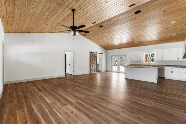 Empty room, Interior, Kitchen, Recessed Lighting, Wooden Ceilings, Wood Texture Flooring