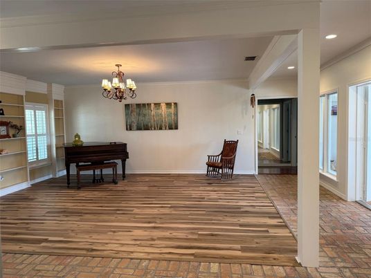 Chandelier, Interior, Piano, Recessed Lighting, Wood Texture Flooring