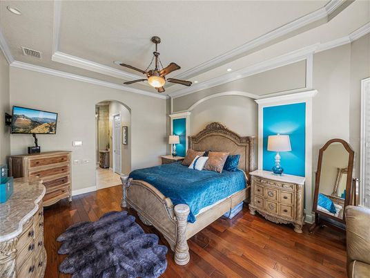 Bedroom, Interior, Recessed Lighting, Wood Texture Flooring