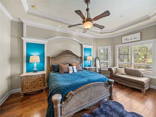 Bedroom, Interior, Recessed Lighting, Wood Texture Flooring