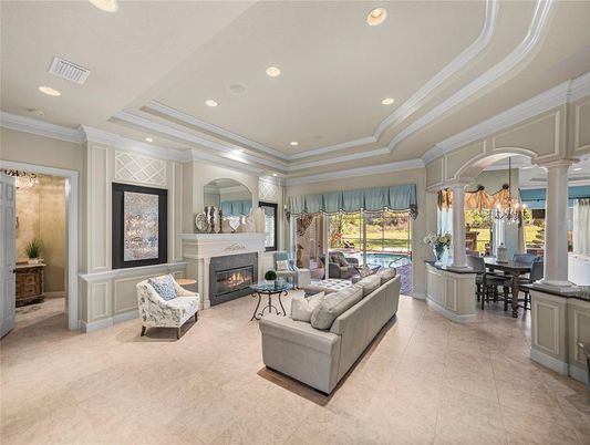 Chandelier, Dining room, Fireplace, Interior, Living room, Recessed Lighting
