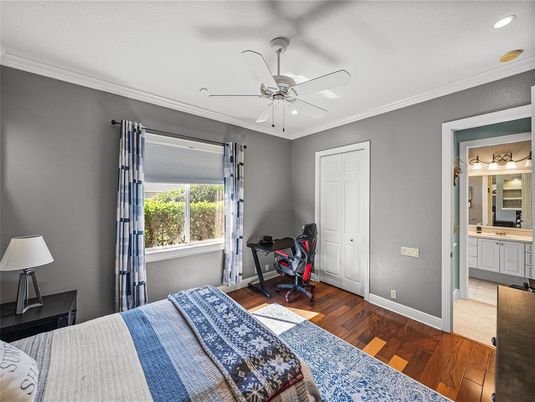 Bedroom, Fitness Equipment, Interior, Recessed Lighting, Wood Texture Flooring