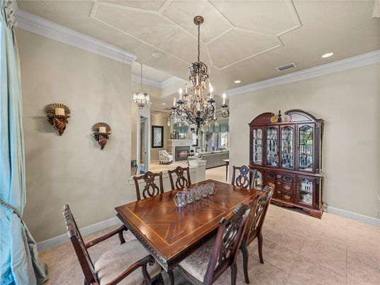 Chandelier, Dining room, Fireplace, Interior, Living room, Recessed Lighting
