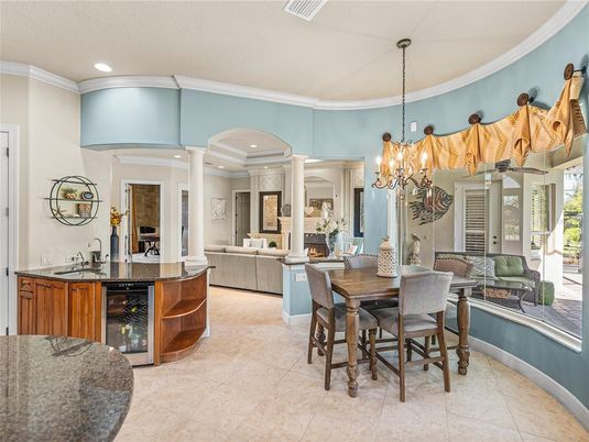 Chandelier, Dining room, Fireplace, Interior, Living room, Recessed Lighting