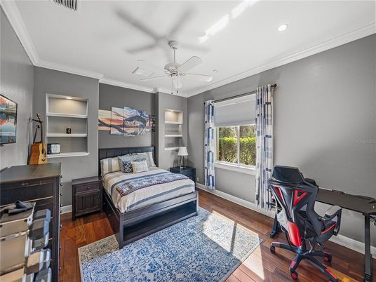 Bedroom, Home Office, Interior, Recessed Lighting, Wood Texture Flooring