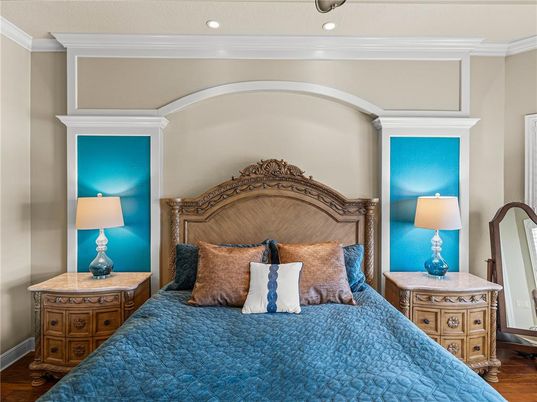 Bedroom, Interior, Recessed Lighting, Wood Texture Flooring