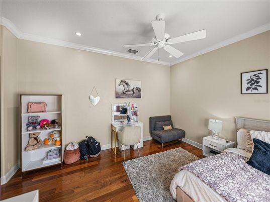 Bedroom, Interior, Recessed Lighting, Wood Texture Flooring