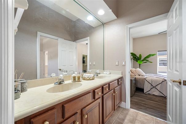 Bathroom, Bedroom, Dual Sink Vanities, Interior, Recessed Lighting, Wood Texture Flooring