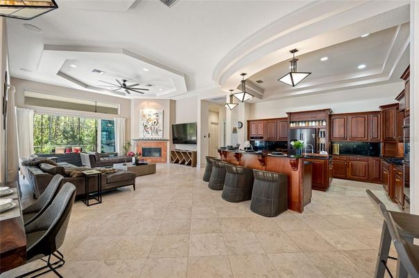 Fireplace, Interior, Kitchen, Living room, Pendant Lights, Recessed Lighting