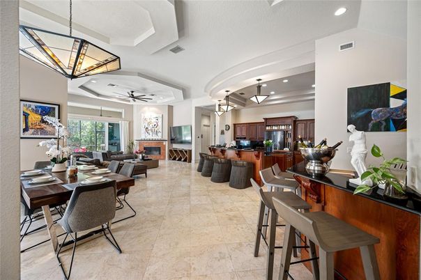 Dining room, Fireplace, Interior, Kitchen, Living room, Pendant Lights, Recessed Lighting