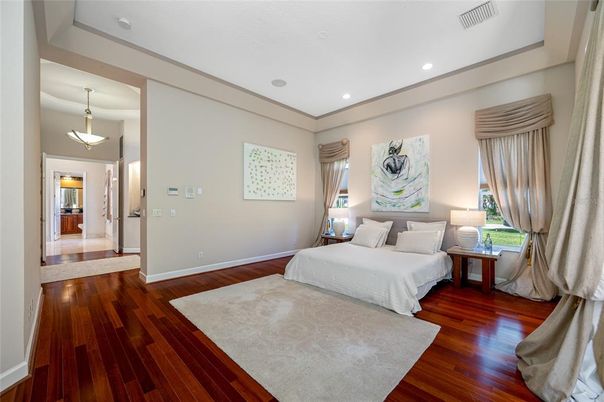 Bedroom, Interior, Pendant Lights, Recessed Lighting, Wood Texture Flooring