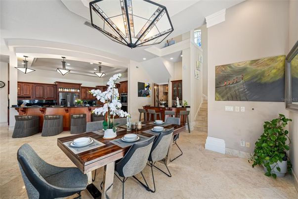 Dining room, Interior, Kitchen, Pendant Lights, Recessed Lighting, Stainless Steel Appliances