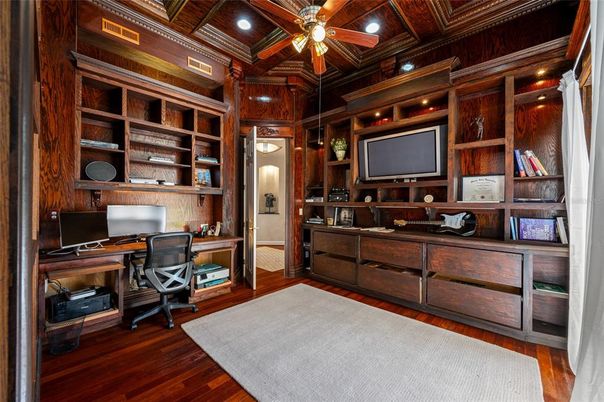 Home Office, Interior, Recessed Lighting, Wooden Beams, Wooden Ceilings, Wood Texture Flooring, Wooden Walls
