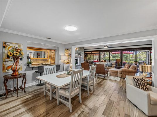 Dining room, Fireplace, Interior, Living room, Stone Walls, Wood Texture Flooring