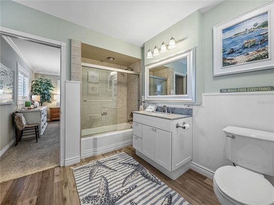 Bathroom, Glass Shower, Interior, Wood Texture Flooring