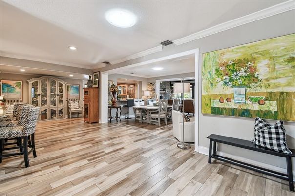 Dining room, Interior, Recessed Lighting, Wood Texture Flooring