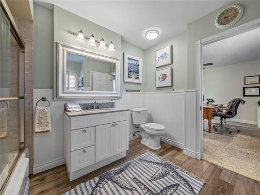 Bathroom, Glass Shower, Interior, Wood Texture Flooring
