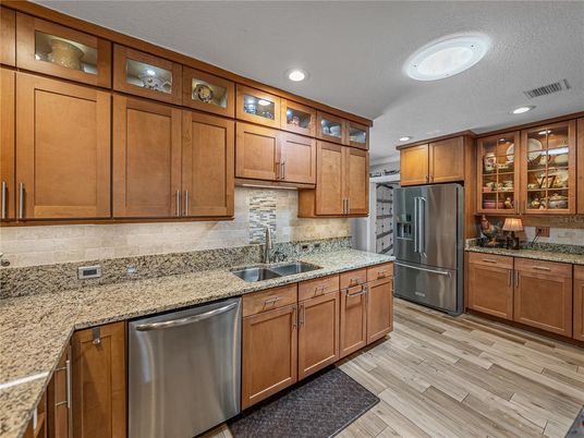 Interior, Kitchen, Recessed Lighting, Stainless Steel Appliances, Wood Texture Flooring