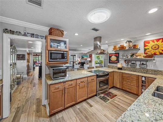 Interior, Kitchen, Recessed Lighting, Stainless Steel Appliances, Wood Texture Flooring