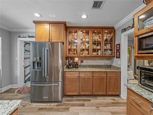 Interior, Kitchen, Recessed Lighting, Stainless Steel Appliances, Wood Texture Flooring