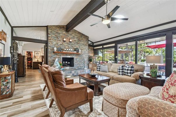 Fireplace, Interior, Living room, Stone Walls, Wooden Beams, Wood Texture Flooring