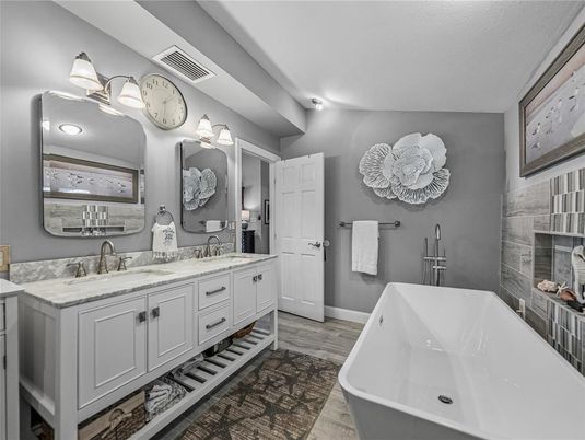 Bathroom, Dual Sink Vanities, Free Standing Baths, Interior, Wood Texture Flooring