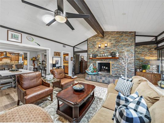 Dining room, Fireplace, Interior, Living room, Stone Walls, Wood Texture Flooring