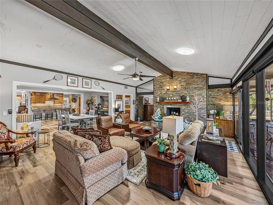 Dining room, Fireplace, Interior, Living room, Stone Walls, Wood Texture Flooring