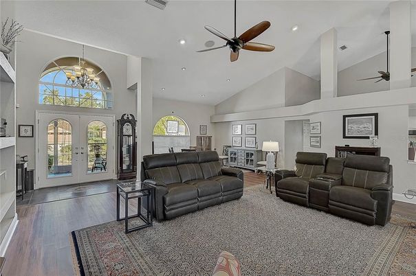 Chandelier, Interior, Living room, Pendant Lights, Recessed Lighting, Wood Texture Flooring