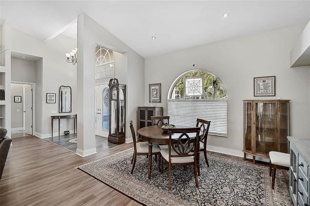 Chandelier, Dining room, Interior, Recessed Lighting, Wood Texture Flooring